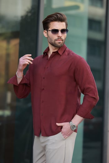 Bordo  Basic Uzun Kollu Erkek Gömlek E6762