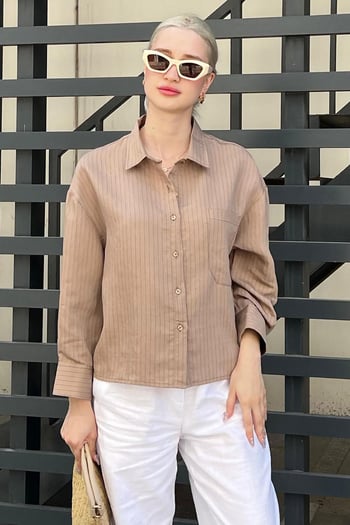 Camel Çizgili Oversize Kadın Gömlek MG2093