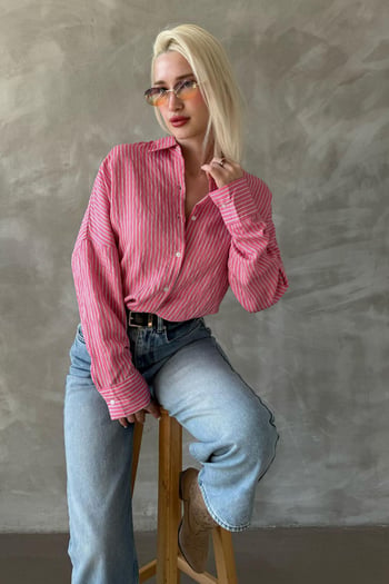 Pembe Çizgili Oversize Kadın Gömlek Mg2327