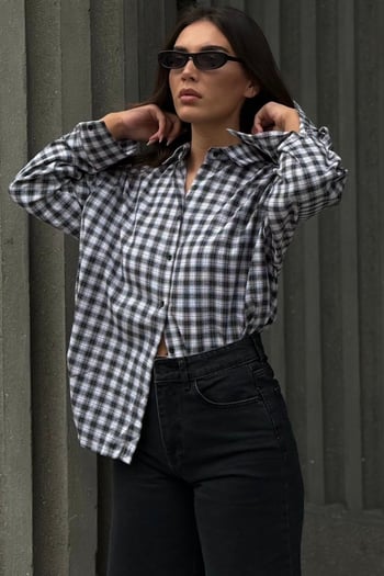 Siyah Oversize Kareli Kadın Gömlek MG2822