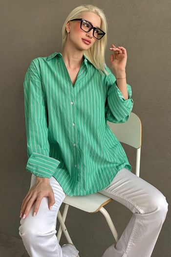 Mint Yeşili Çizgili Regular Kesim Kadın Gömlek MG2610