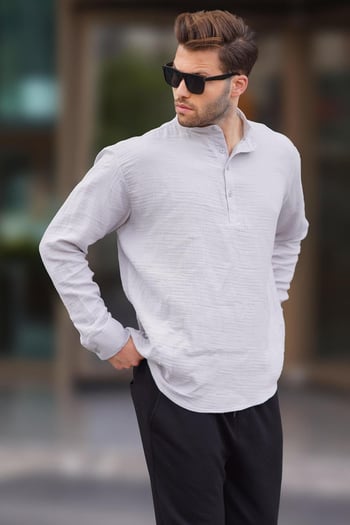 Erkek Gri Müslin Uzun Kollu Gömlek 6742