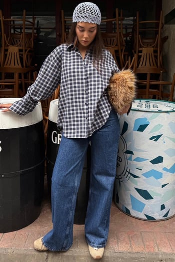 Lacivert Oversize Kareli Kadın Gömlek MG2822