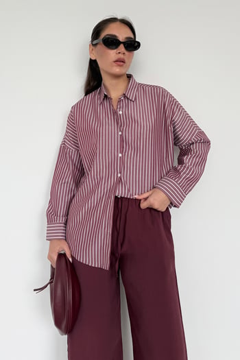 Bordo Çizgili Kadın Gömlek Mg2410