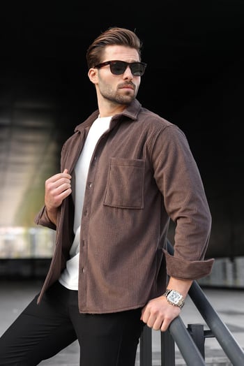 Kahverengi Düğmeli Kadife Erkek Gömlek E6766