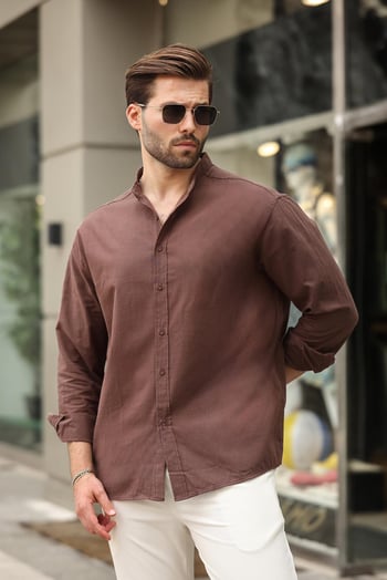 Kahverengi Hakim Yaka Keten Görünümlü Pamuklu Uzun Kollu Erkek Gömlek 6745