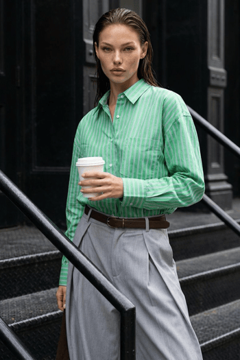 Mint Yeşili Çizgili Regular Kesim Kadın Gömlek MG2610