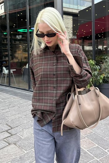 Kahverengi Oversize Ekose Desenli Kadın Gömlek MG2589