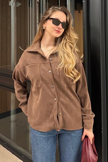 Kahverengi Cep Detaylı Kadın Gömlek MG2241