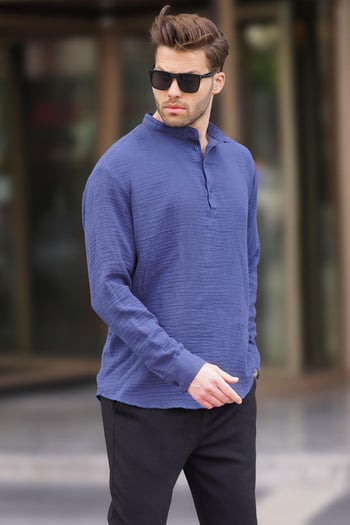 Erkek Lacivert Müslin Uzun Kollu Gömlek 6742