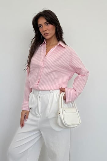 Pembe Çizgili Kadın Gömlek Mg2410