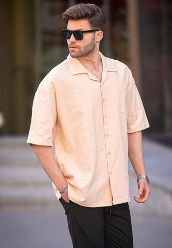 Bej Kısa Kollu Oversize Erkek Gömlek 6737