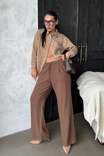 Camel Çizgili Cep Detaylı  Kadın Gömlek Mg2345