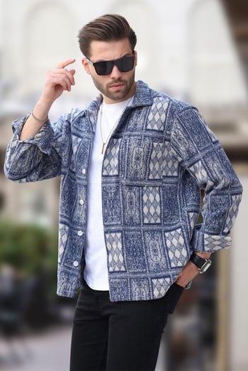 Lacivert Desenli Tek Cepli Erkek Polar Gömlek 6751