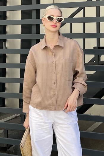 Camel Çizgili Oversize Kadın Gömlek MG2093