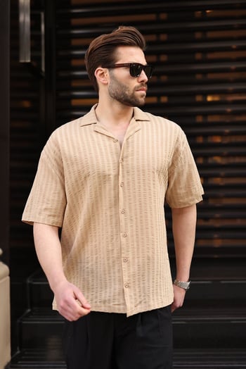 Bej Gofre Kumaş Erkek Gömlek E6772
