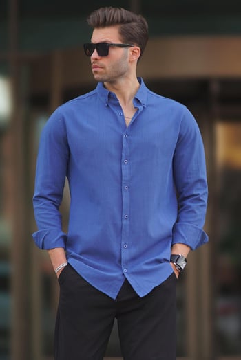 İndigo Uzun Kollu Pamuklu Keten Görünümlü Erkek Gömlek 6743