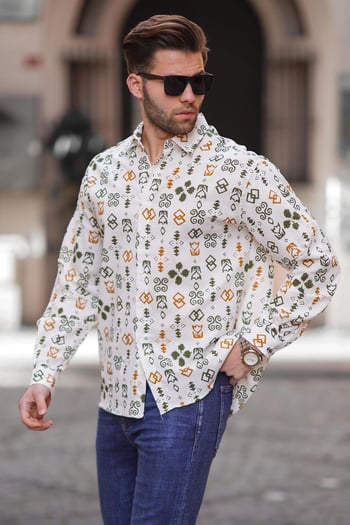 Haki Desenli Uzun Kollu Oversize Erkek Gömlek 6731