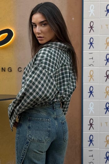 Yeşil Oversize Kareli Kadın Gömlek MG2822