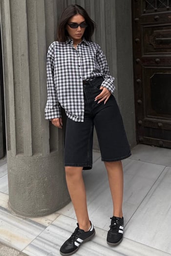 Siyah Oversize Kareli Kadın Gömlek MG2822