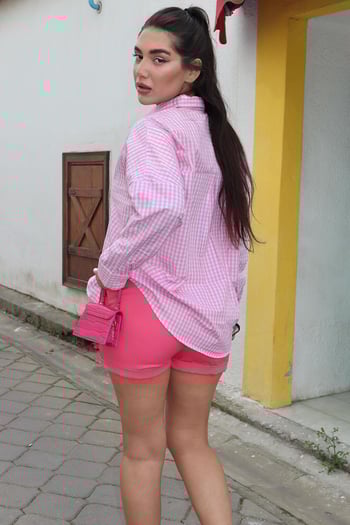 Pembe Pötikareli Uzun Kollu Kadın Gömlek Mg2386