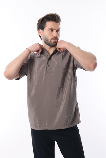 Kahverengi Oversize Rahat Kesim Kısa Kollu Gömlek 6744