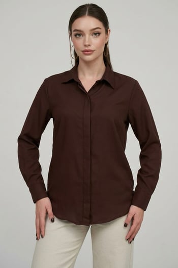 Kahverengi Modern Kesim Kadın Gömlek MG2674