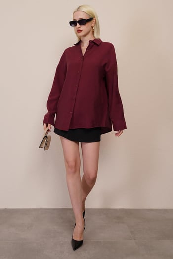 Bordo Uzun Kollu Oversize Gömlek MG2003