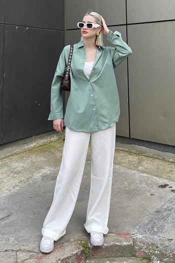 Mad Girls Çağla Yeşili Oversize Gömlek MG1369
