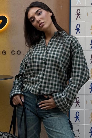 Yeşil Oversize Kareli Kadın Gömlek MG2822