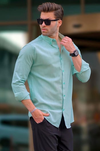 Yeşil Uzun Kollu Pamuklu Keten Görünümlü Erkek Gömlek 6743
