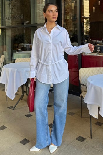 Beyaz Kemer Detaylı Oversize Kadın Gömlek MG2585
