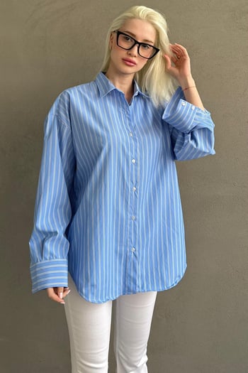 Mavi Çizgili Regular Kesim Kadın Gömlek MG2610