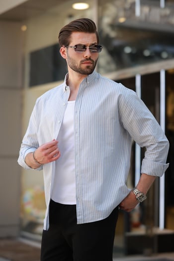 Mavi Çizgili Uzun Kollu Pamuklu Erkek Gömlek 6746