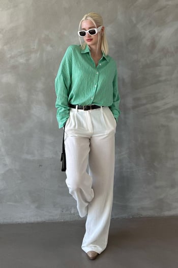Yeşil Çizgili Oversize Kadın Gömlek Mg2327