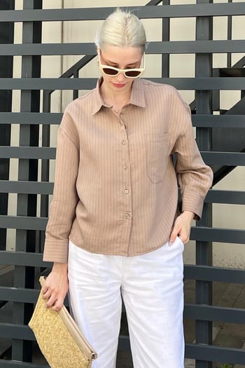 Camel Çizgili Oversize Kadın Gömlek MG2093