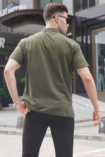 Haki Yeşili Polo Yaka Basic Erkek Tişört 6126