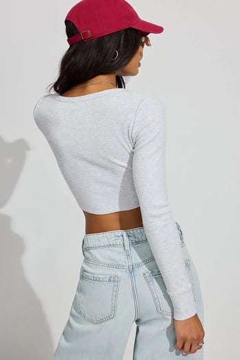 Gri Uzun Kollu Düğmeli Kaşkorse Crop Hırka MG2193