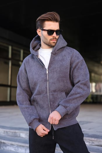 Füme Çift Fermuarlı Batik Desenli Erkek Hırka E7175