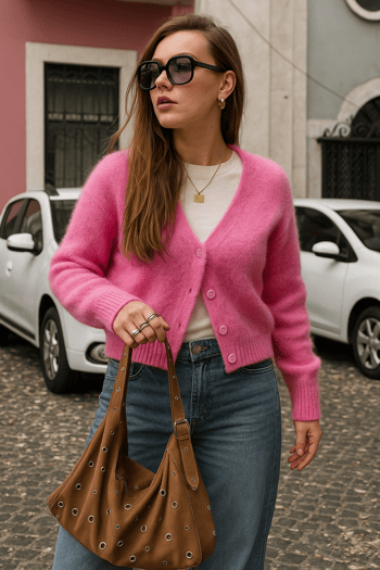 Pembe V Yaka Kadın Triko Hırka Mg2462