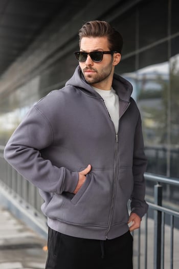 Füme Fermuarlı Kapüşonlu Erkek Hırka E7174