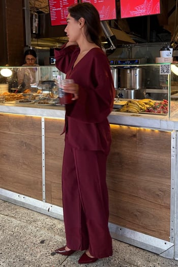 Bordo V Yaka Düğmeli Kuşaklı İkili Modal Kadın Takım MG2619