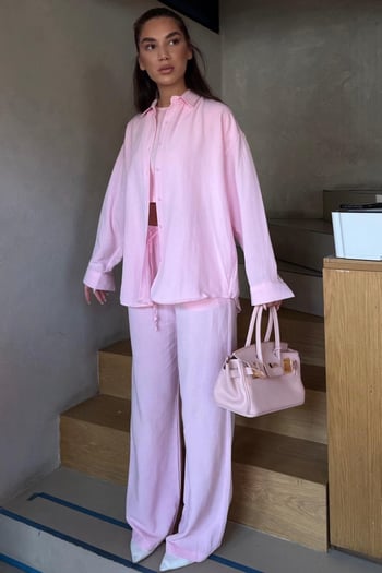 Pembe Keten Kadın Gömlek Pantolon İkili Takım Mg2356