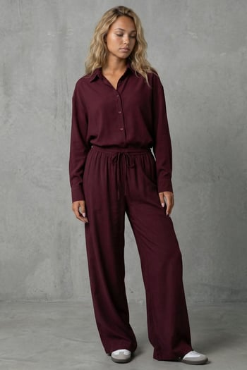 Bordo Basic Kadın Gömlek Pantolon İkili Takım Mg2352