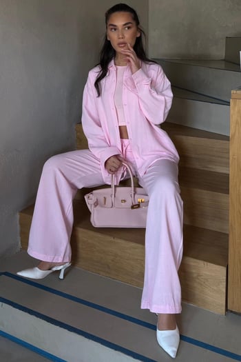 Pembe Keten Kadın Gömlek Pantolon İkili Takım Mg2356