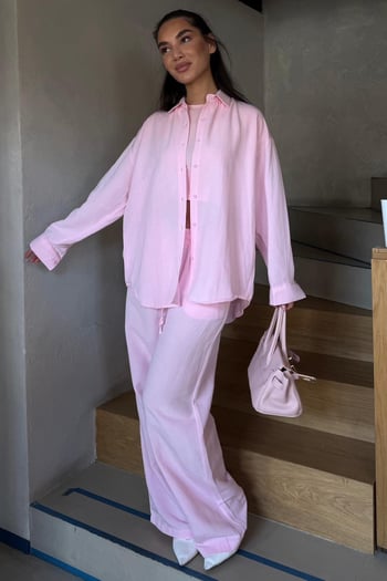 Pembe Keten Kadın Gömlek Pantolon İkili Takım Mg2356