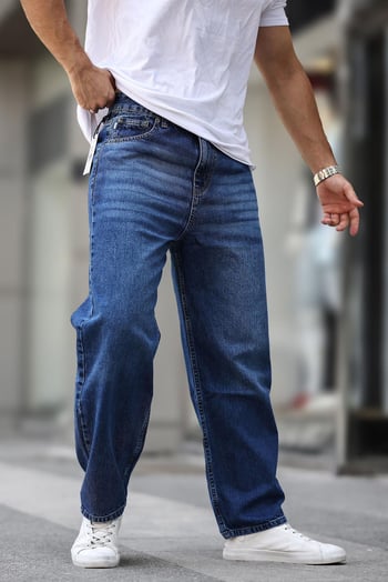 Lacivert Erkek Yıkamalı Baggy Jean 7216