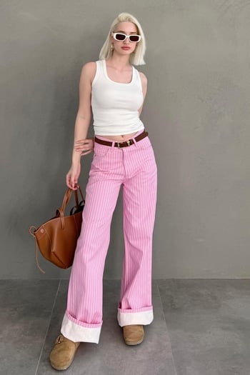 Pembe Çizgili Kadın Jean Pantolon Mg2463