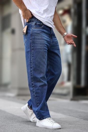 Lacivert Erkek Yıkamalı Baggy Jean 7216