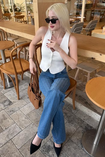 Madmext Mavi Yüksek Bel Likralı Taşlı Kadın Jean Pantolon MG2271